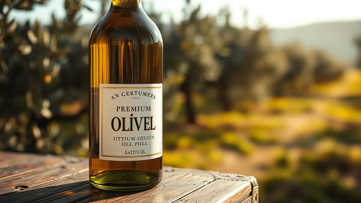 Generic image of an extra virgin olive oil bottle with olive groves in the background.