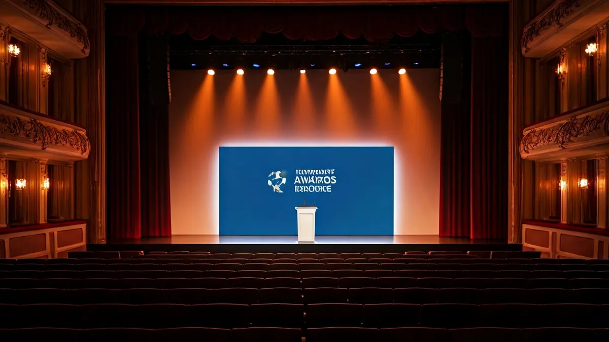 Generic image of a gala stage with a podium and spotlights.