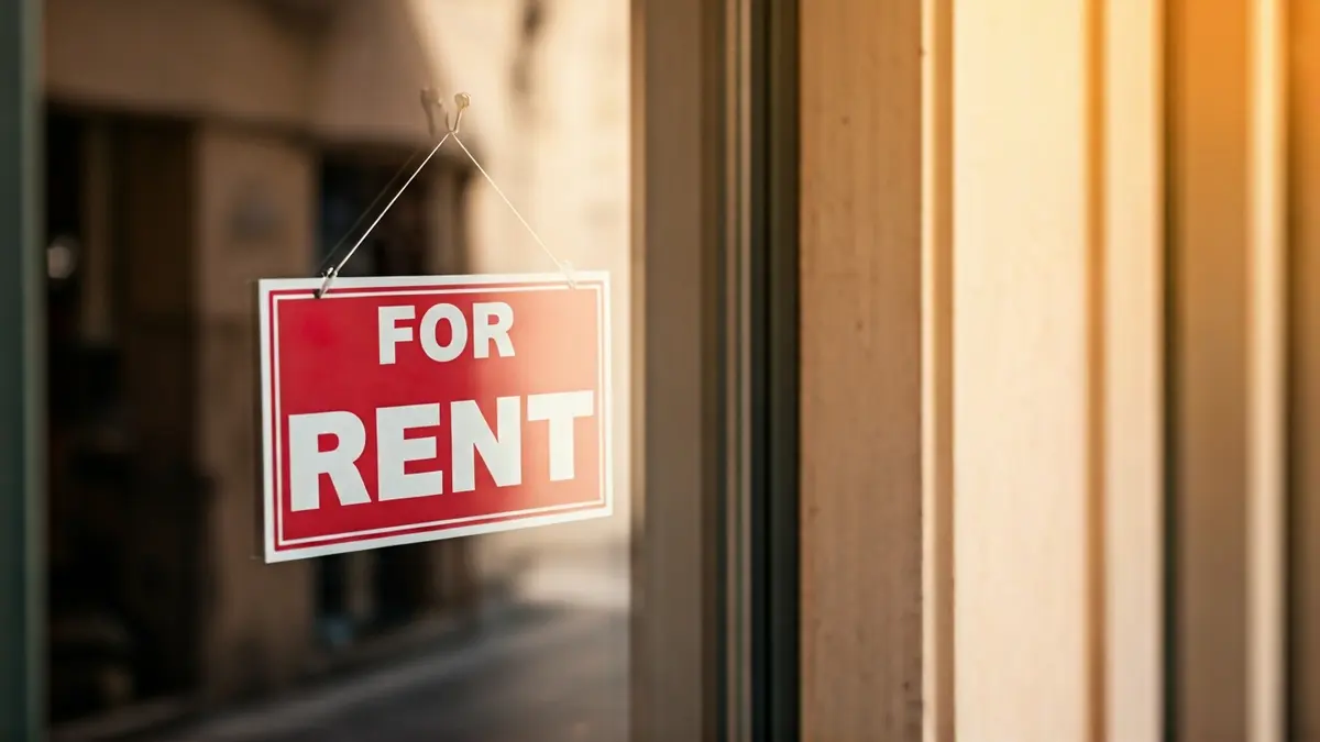 Image of a 'For Rent' sign on a closed shop facade in a Mediterranean city.