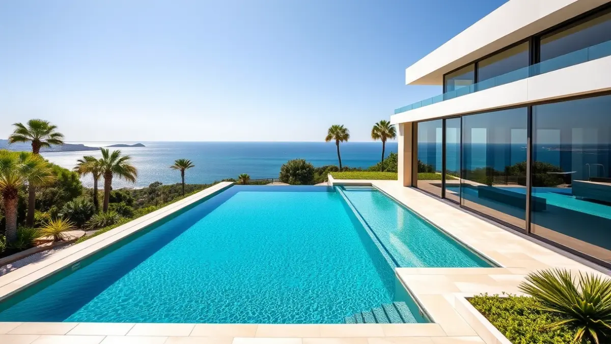 Vista exterior de una lujosa mansión en Marbella con piscina infinita y vistas al mar.