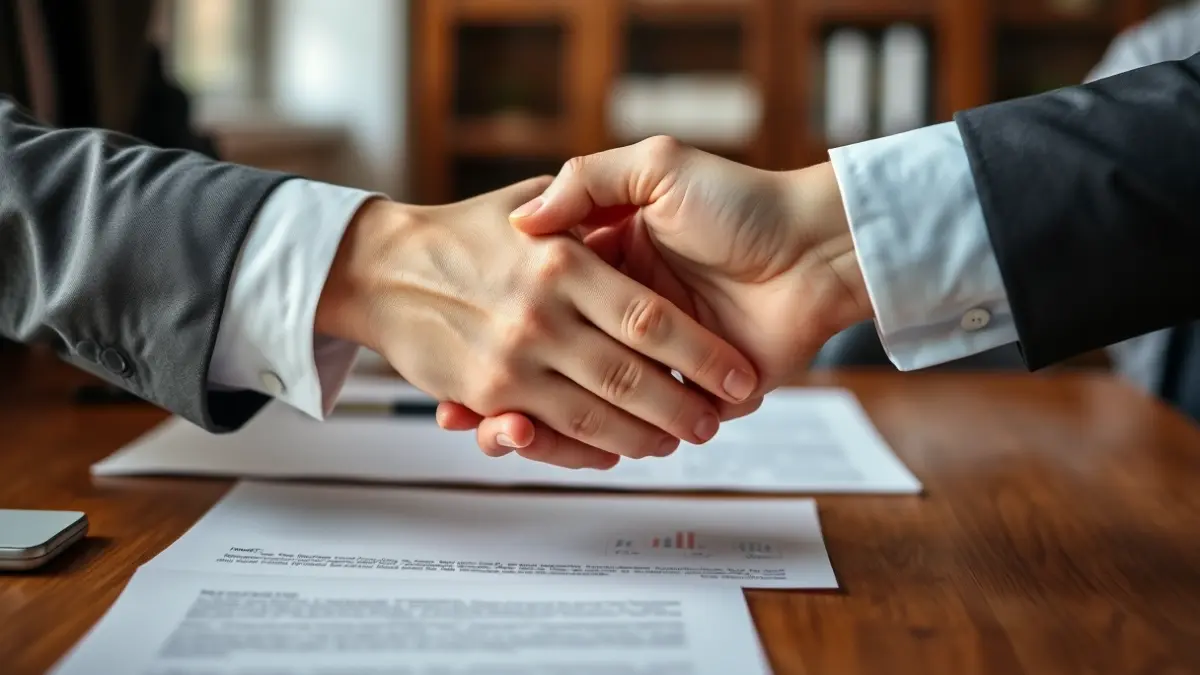 Imagen genérica de dos manos estrechándose sobre un documento, simbolizando acuerdos empresariales.