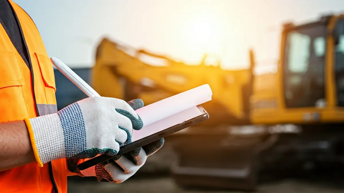 Generic image of a construction worker's hands in gloves, holding a blueprint or tablet, with blurred industrial machinery in the background.
