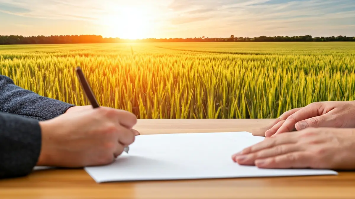 Imagen genérica de manos firmando documentos, con un fondo rural difuminado.