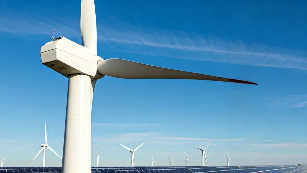 Generic image of wind turbine blades and solar panels, symbolizing renewable energy.