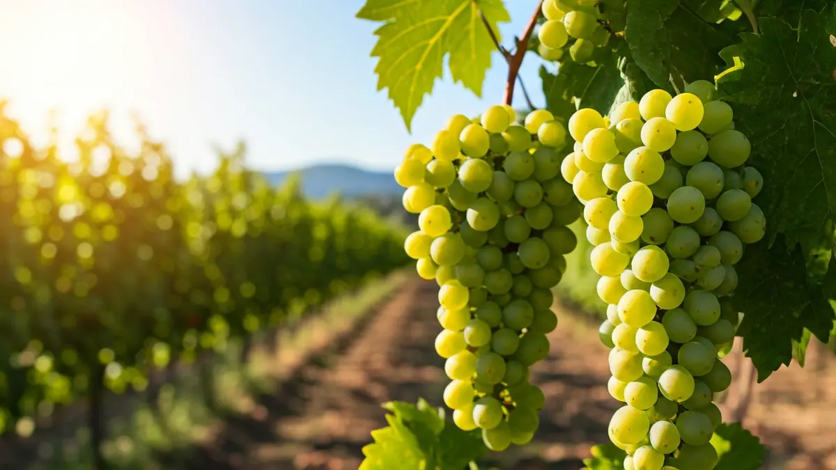 Imagen genérica de uvas verdes en un viñedo, simbolizando la cosecha en verde.