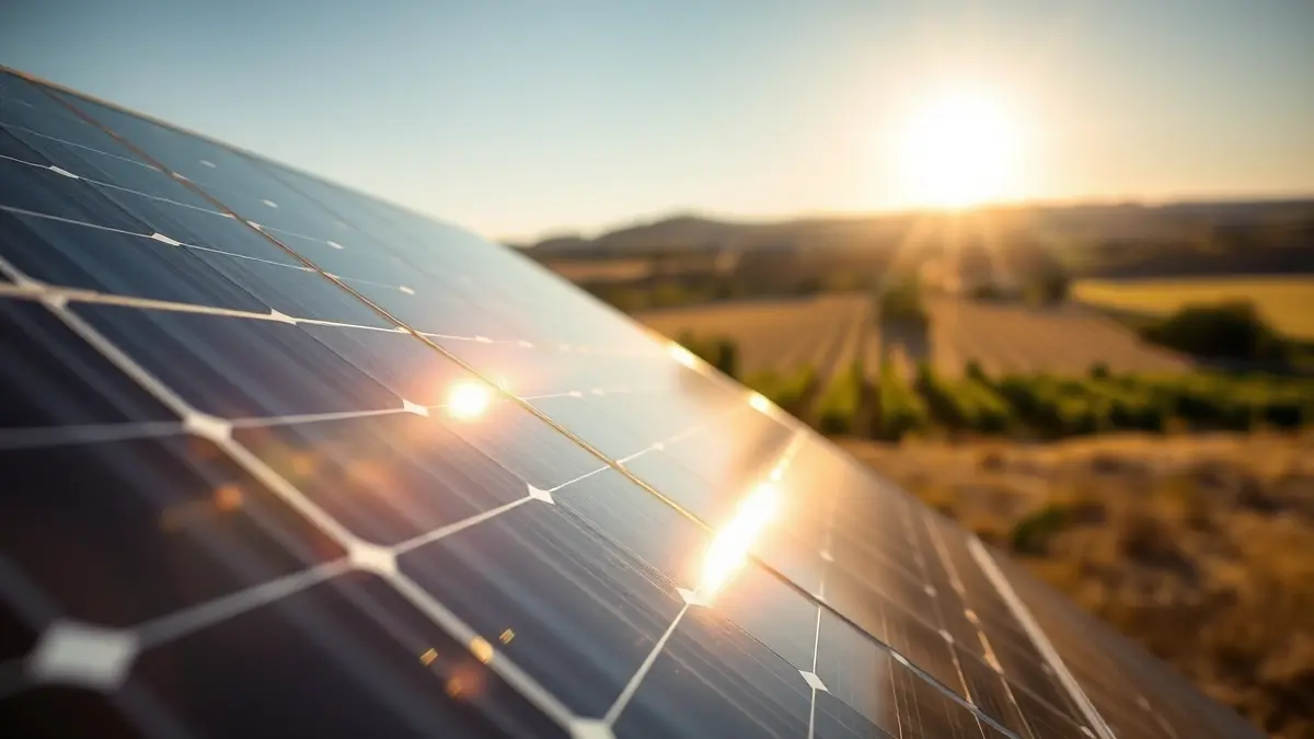 Imagen genérica de paneles solares en un campo, reflejando la luz del sol.