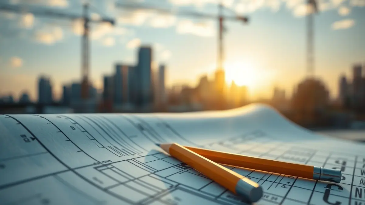 Imagen genérica de un plano de construcción con herramientas de medición