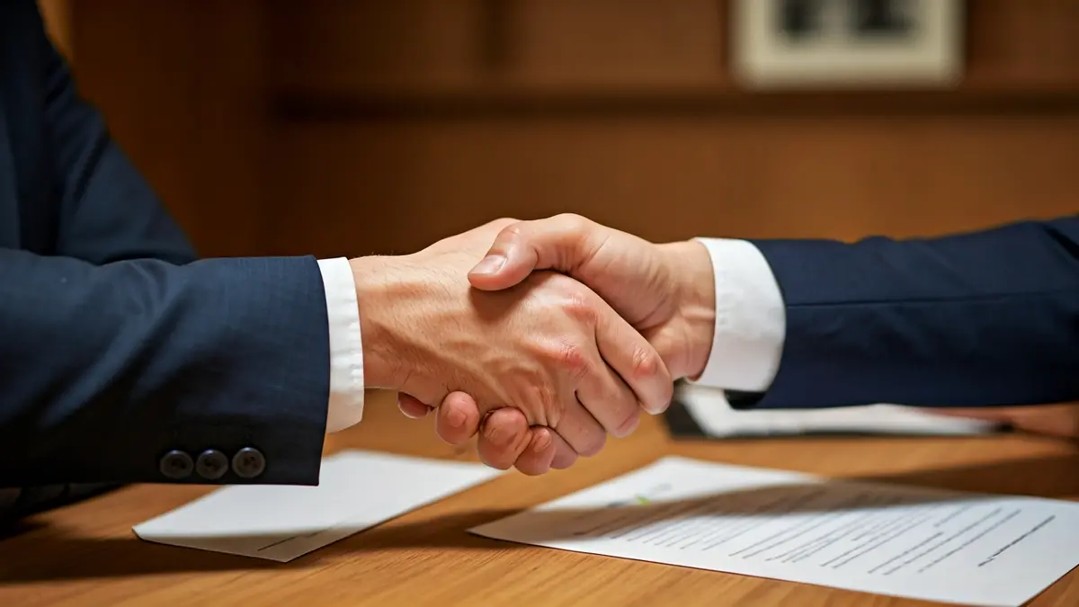 Imagen genérica de dos manos estrechándose sobre un escritorio con documentos, simbolizando la firma de un contrato.