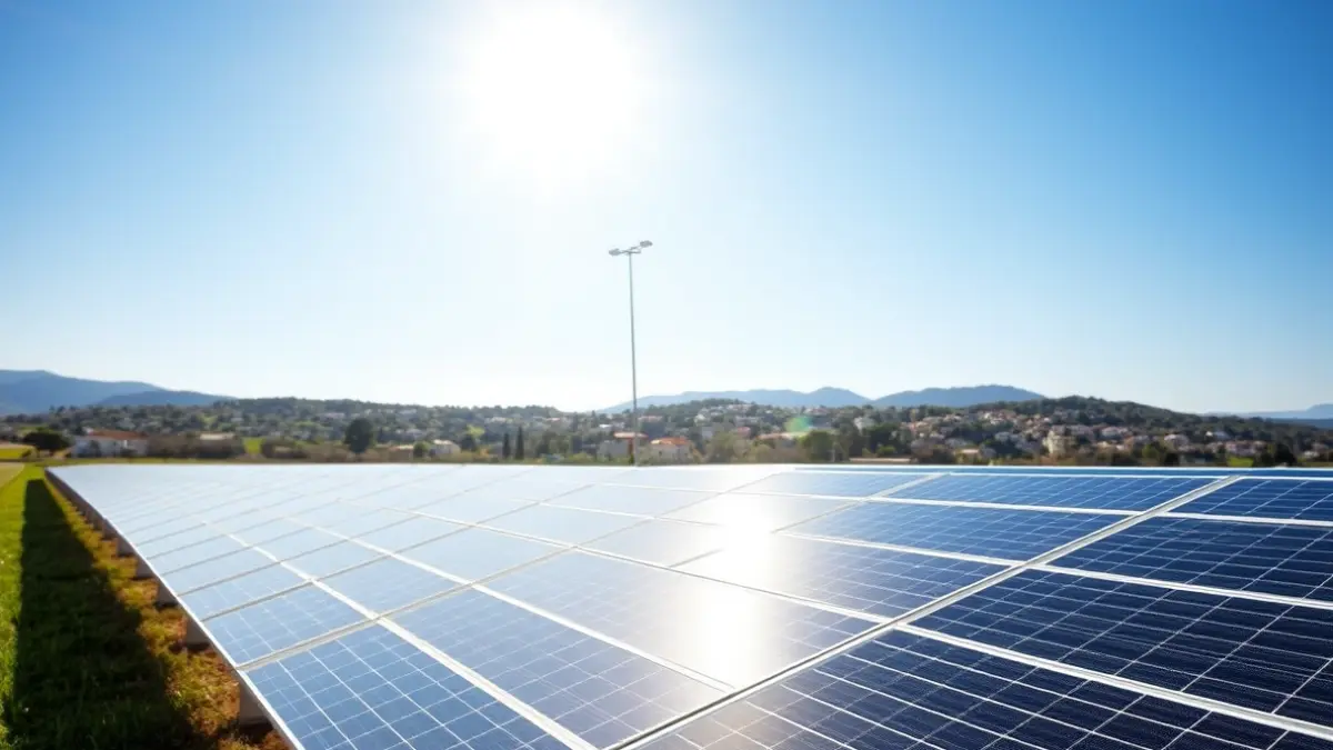 Generic image of a solar panel field under the sun, with a Mediterranean town in the background.