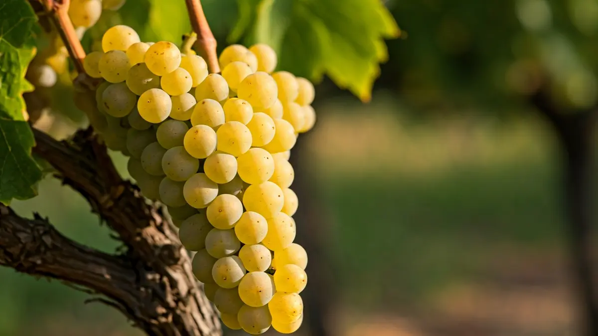 Image of ripe white grapes on a vine under the Andalusian sun.