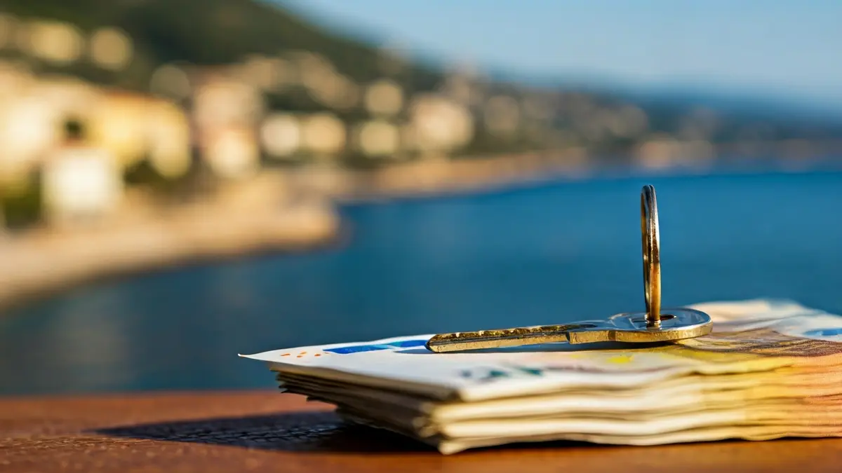 Imagen genérica de una llave de casa sobre billetes de euro, con un fondo difuminado de una ciudad costera mediterránea.