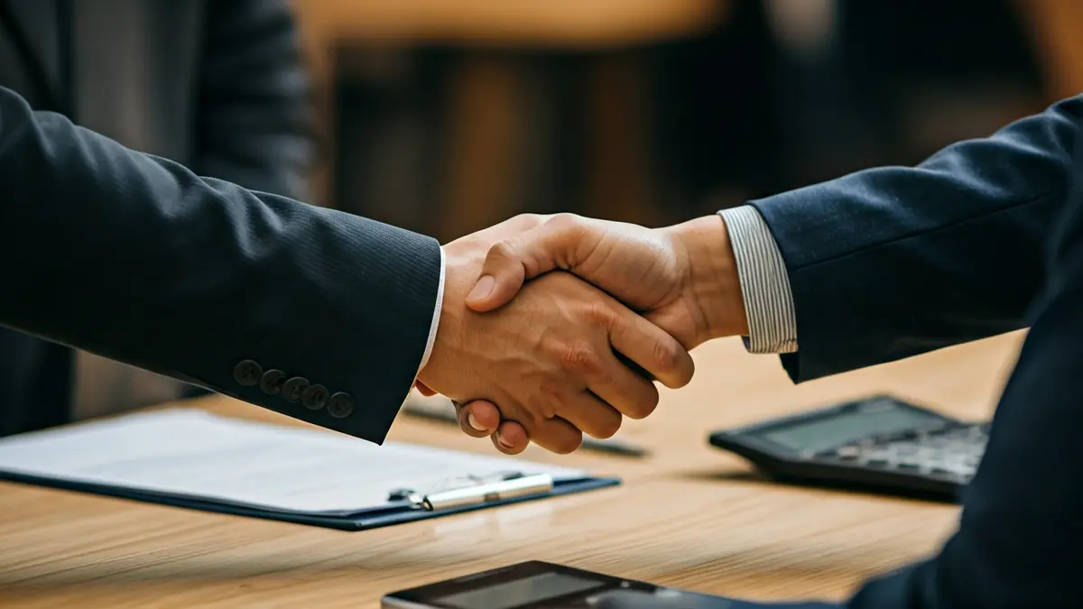 Generic image of hands shaking over paperwork, symbolizing business growth.
