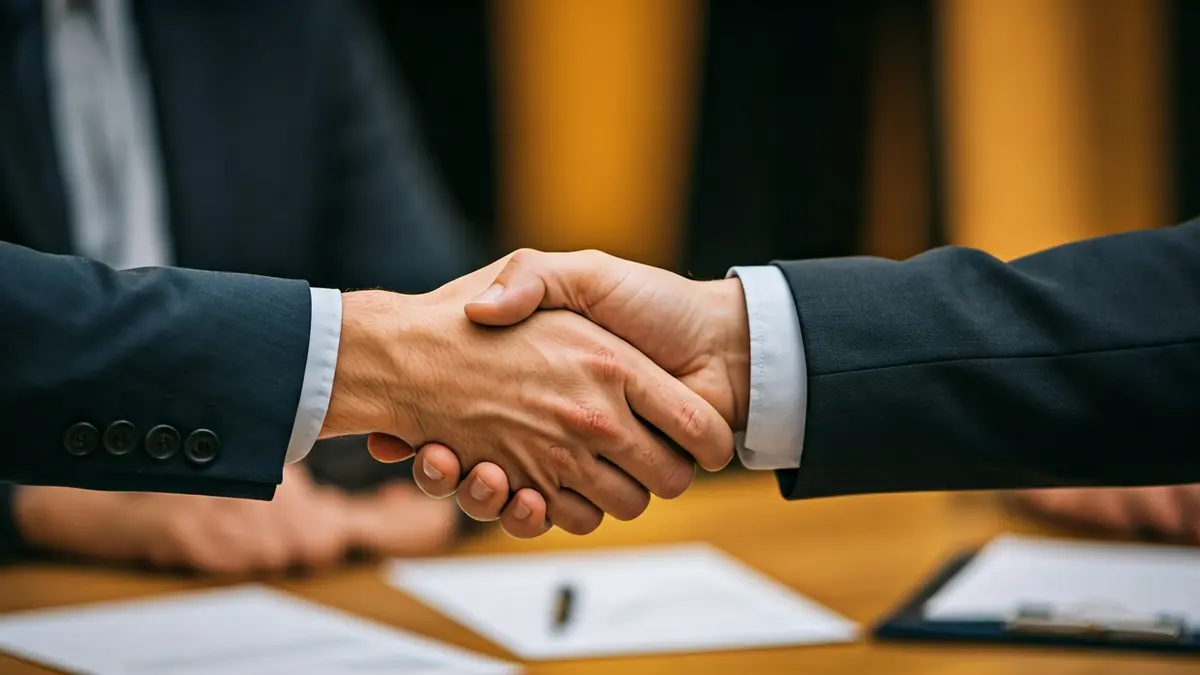 Generic image of two hands shaking over paperwork, symbolizing business agreements and growth.