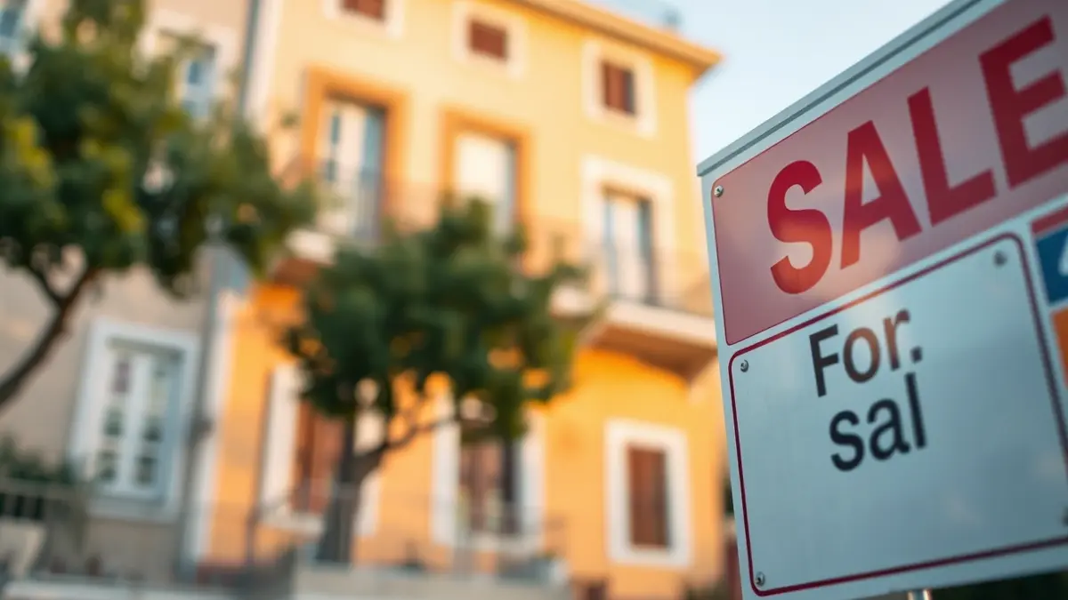 Generic image of a 'for sale' sign in front of a residential building, symbolizing the housing crisis.