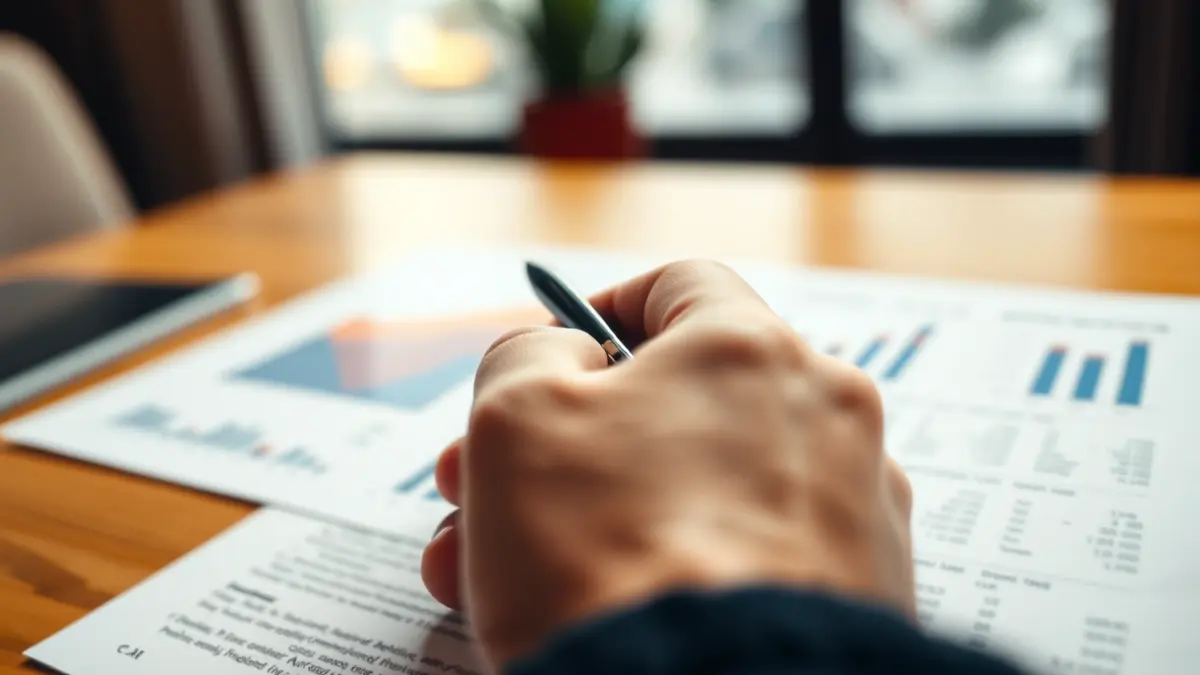 Generic image of a hand with a pen over a document, with blurred financial charts in the background, representing a viability study.