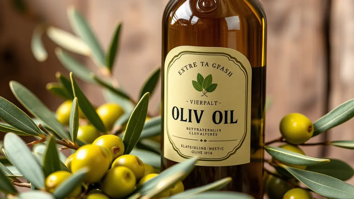Generic image of a bottle of extra virgin olive oil with olives and olive branches.