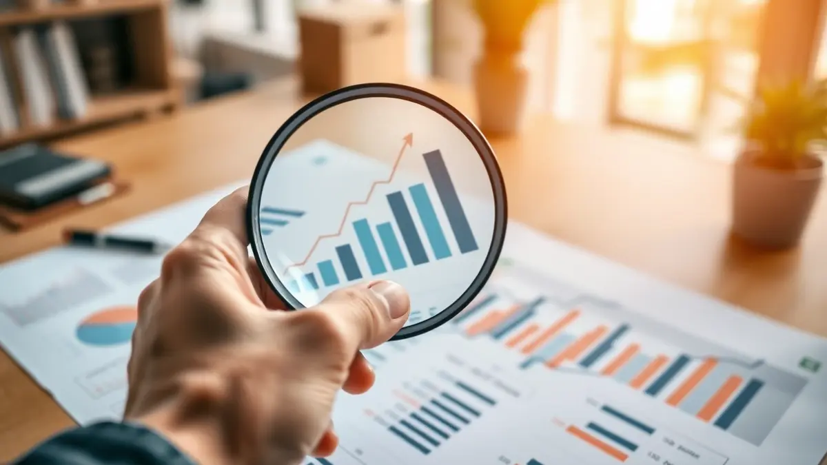 Imagen genérica de un informe económico con gráficos y números, analizado con una lupa.