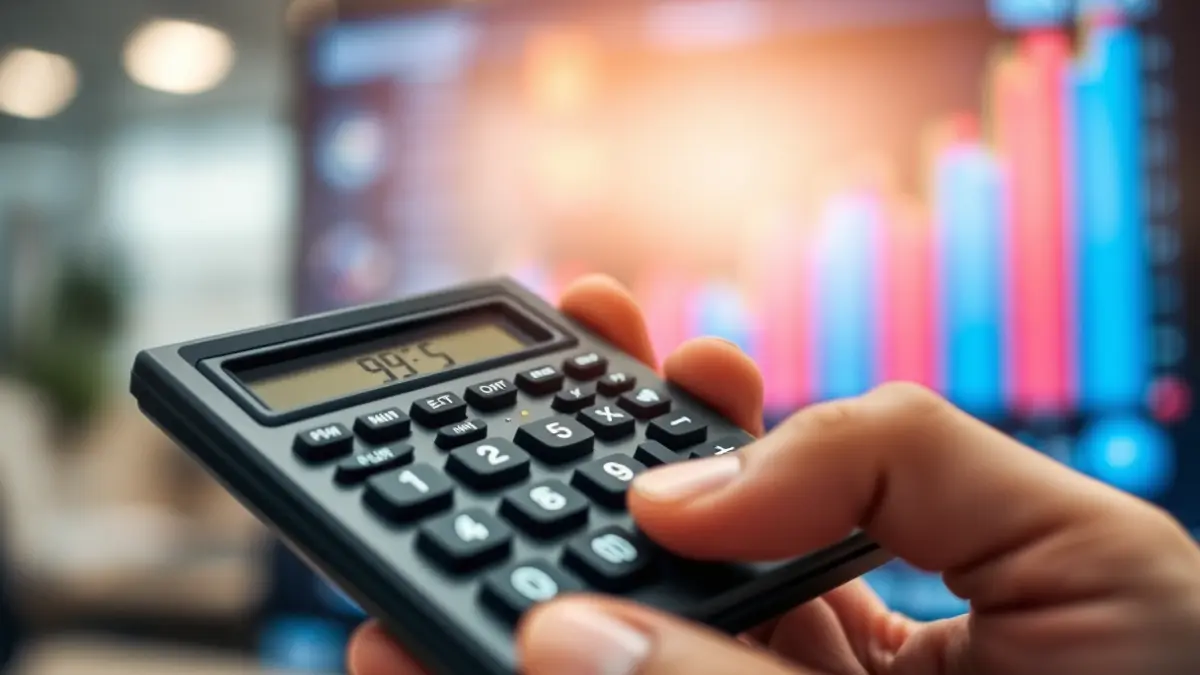 Imagen genérica de una mano con una calculadora y gráficos económicos desenfocados al fondo, representando el crecimiento económico.