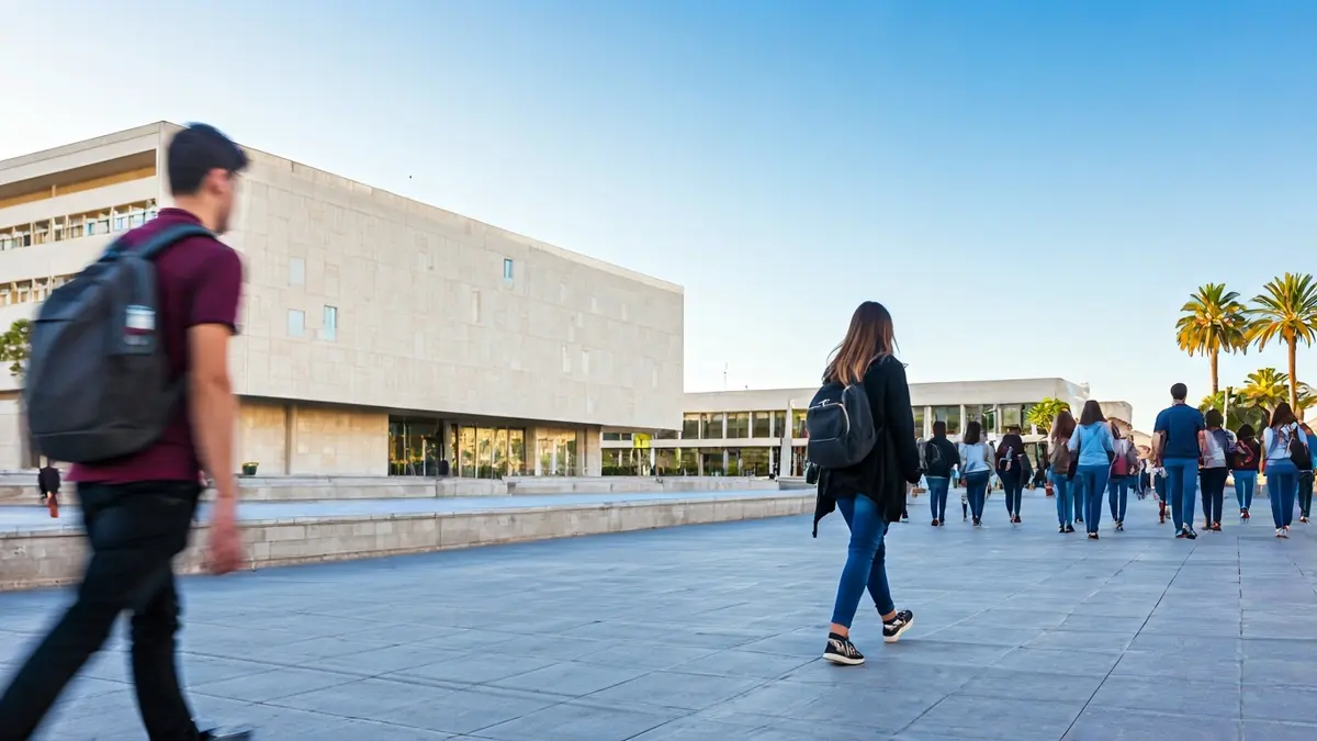 Imagen de un campus universitario en Almería con estudiantes, simbolizando oportunidades laborales.