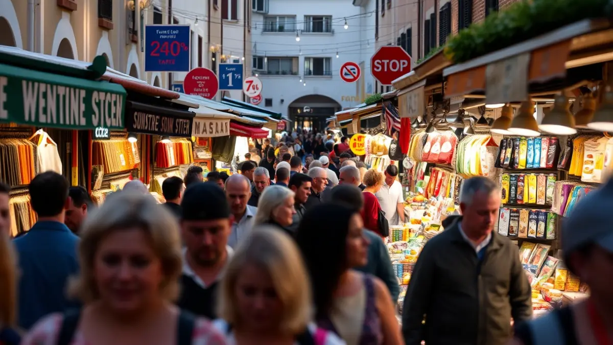 Imagen genérica de una feria de saldos con gente comprando y puestos de venta.