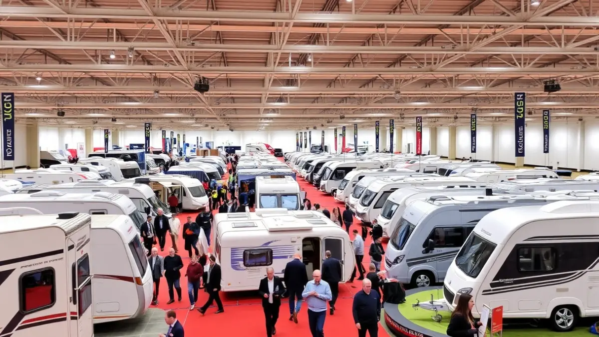 Imagen de una feria de caravanas con visitantes observando los vehículos.