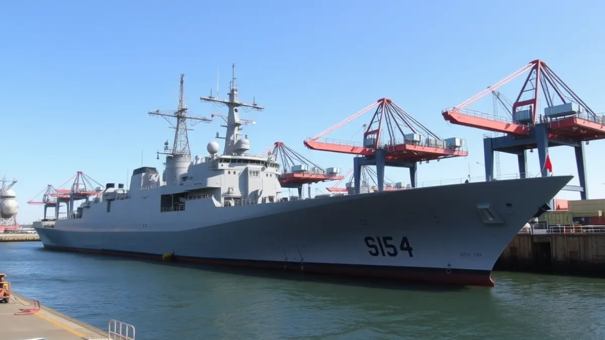 Navy frigate at a shipyard in Cádiz for maintenance work.