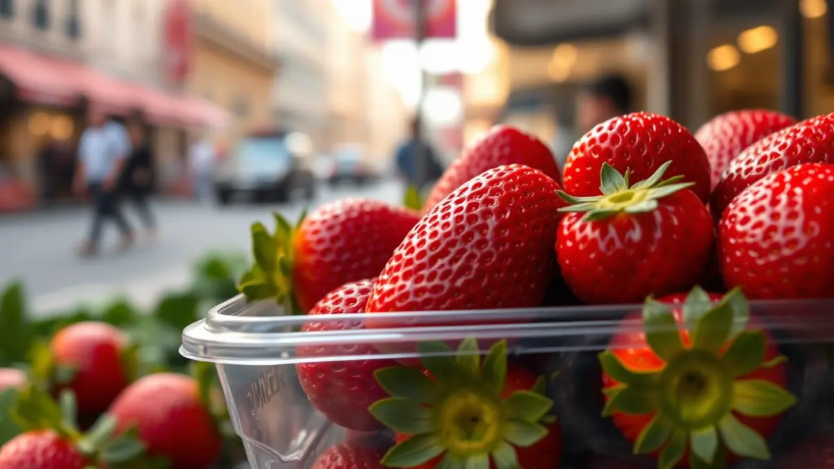Imagen genérica de fresas frescas en un envase, con un fondo urbano desenfocado.