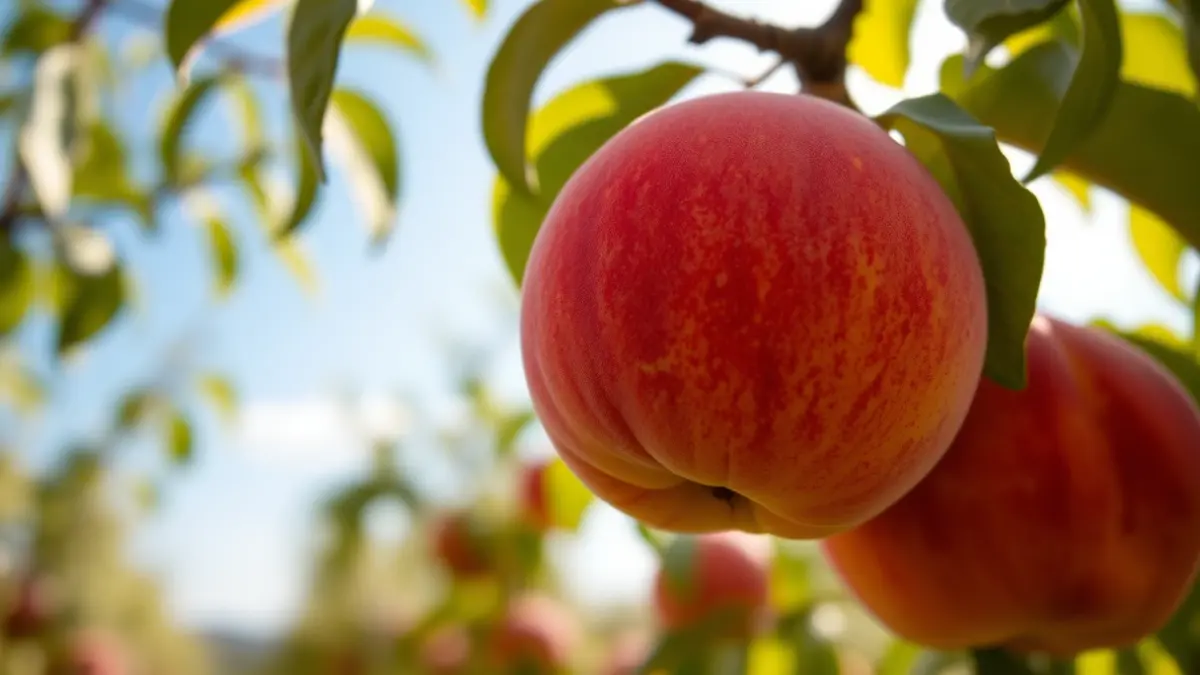 Imagen genérica de melocotones maduros en un árbol, con hojas verdes y cielo azul de fondo.