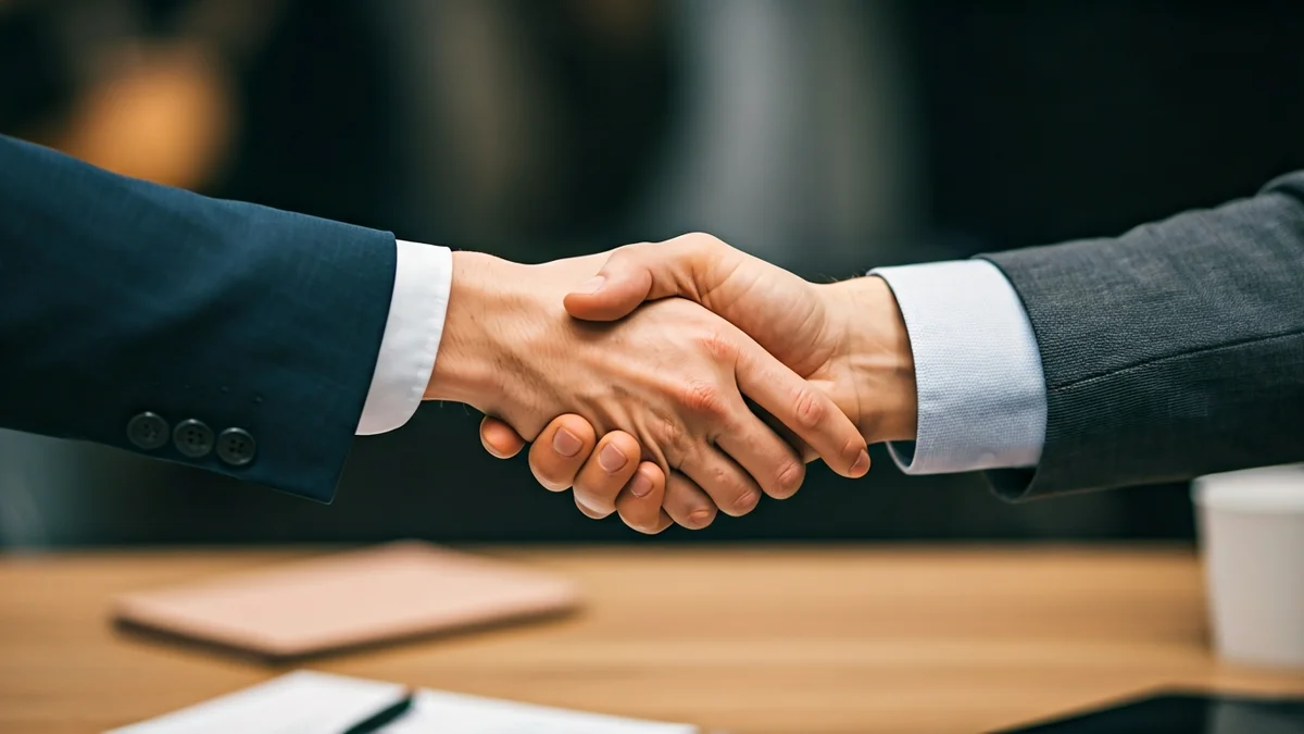 Generic image of two hands shaking over a desk, symbolizing agreement or cooperation.