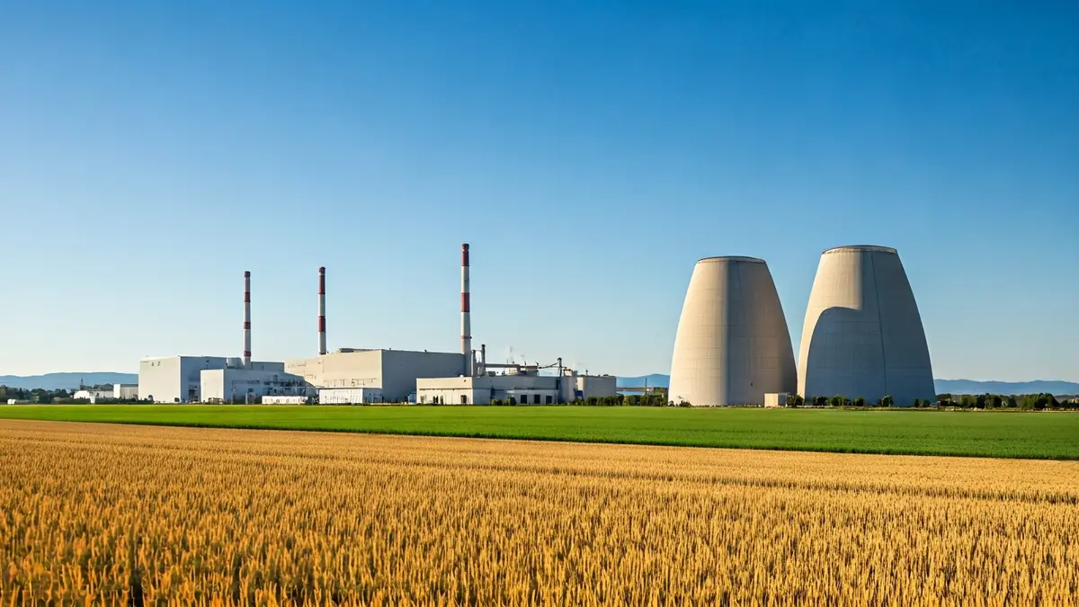 Imagen de una planta de biometano en un entorno industrial y agrícola.