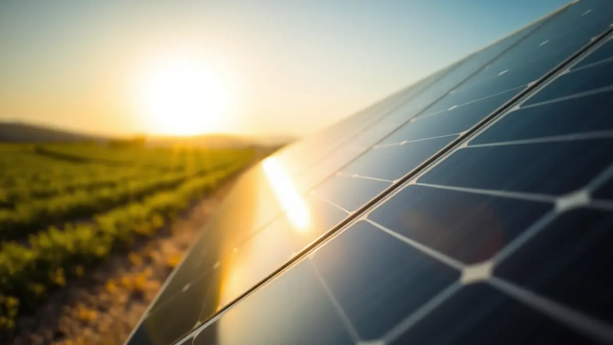 Generic image of solar panels in a field, reflecting sunlight.