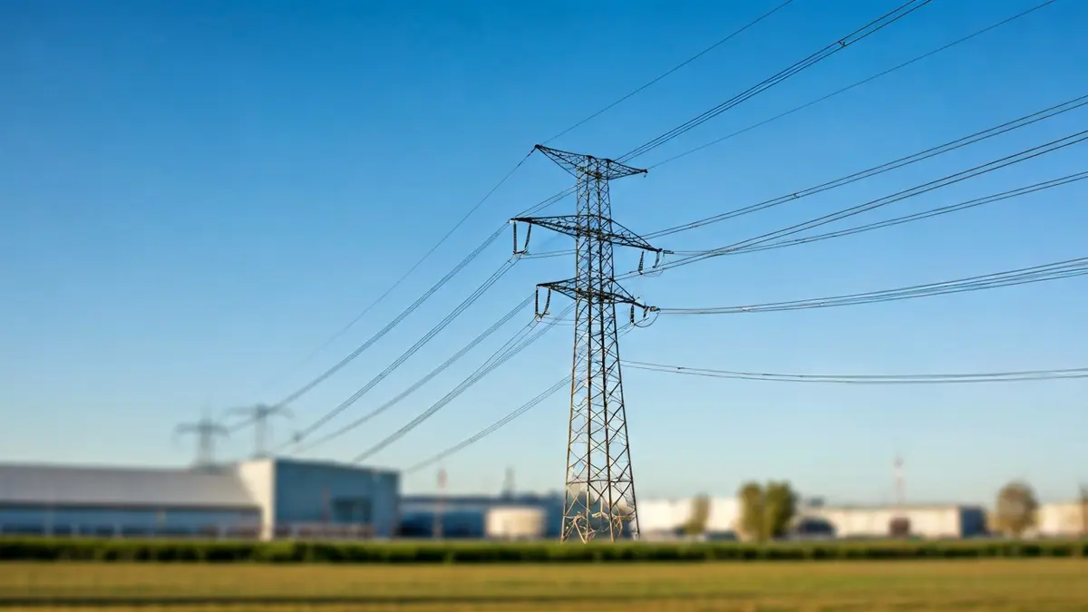 Imagen de una línea eléctrica de alta tensión con fábricas de cerámica al fondo.