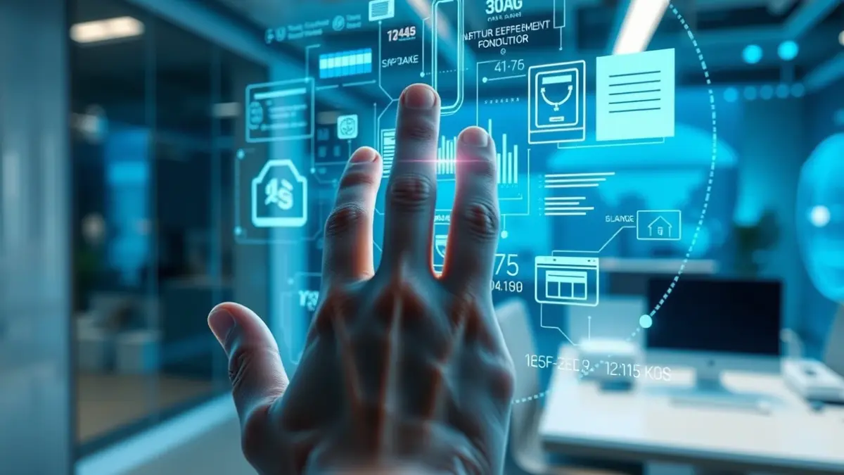 Generic image of a hand interacting with a holographic interface displaying data and algorithms.