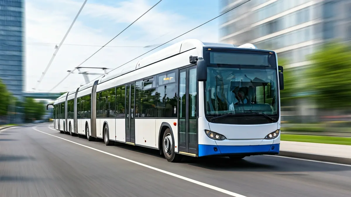 Imagen genérica de un autobús de tránsito rápido (BRT) en una vía dedicada, con un fondo urbano moderno y espacios verdes.