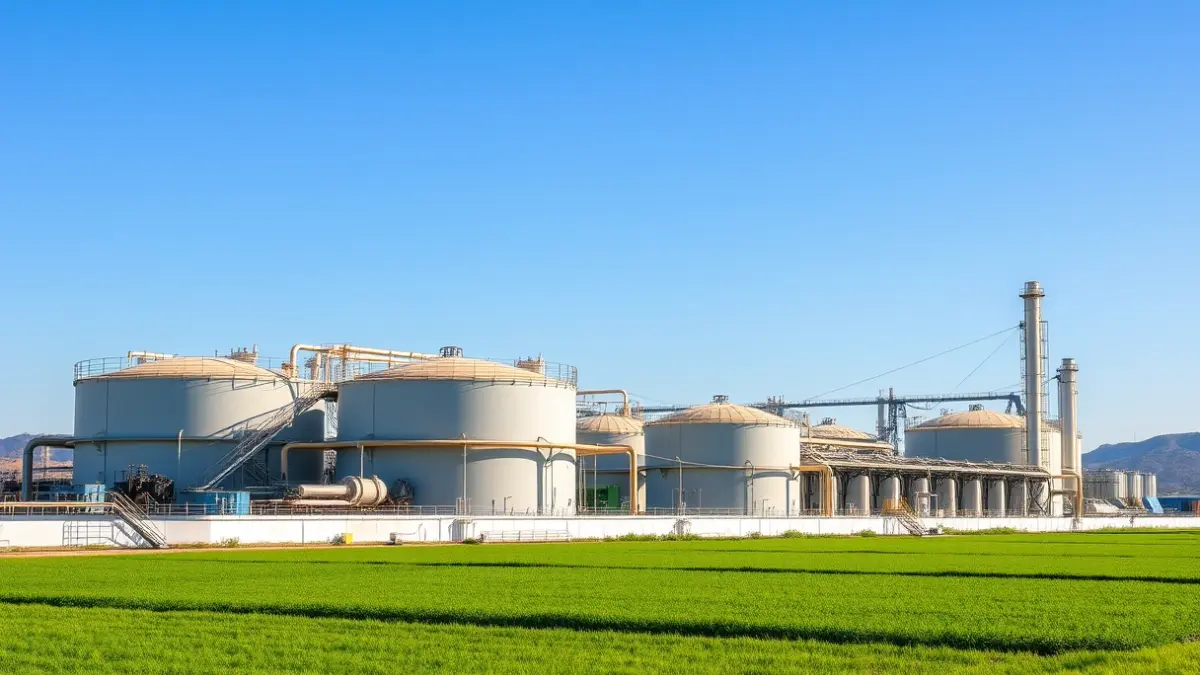 Image of an industrial plant with large tanks and pipes, in a Mediterranean landscape under a blue sky.