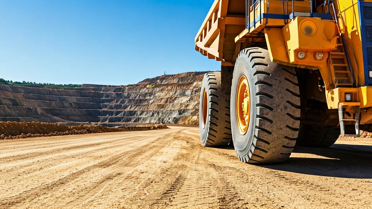 Imagen de una rueda de camión minero en una explotación a cielo abierto en Huelva.