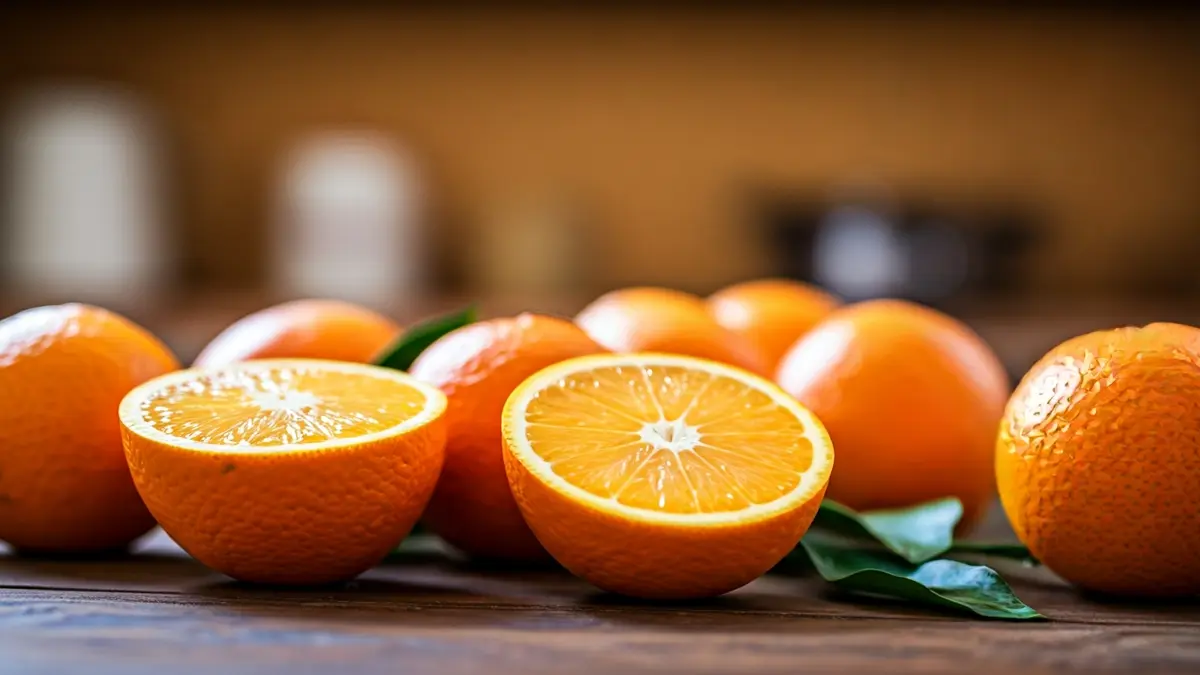 Seville oranges, some cut, on a wooden table.