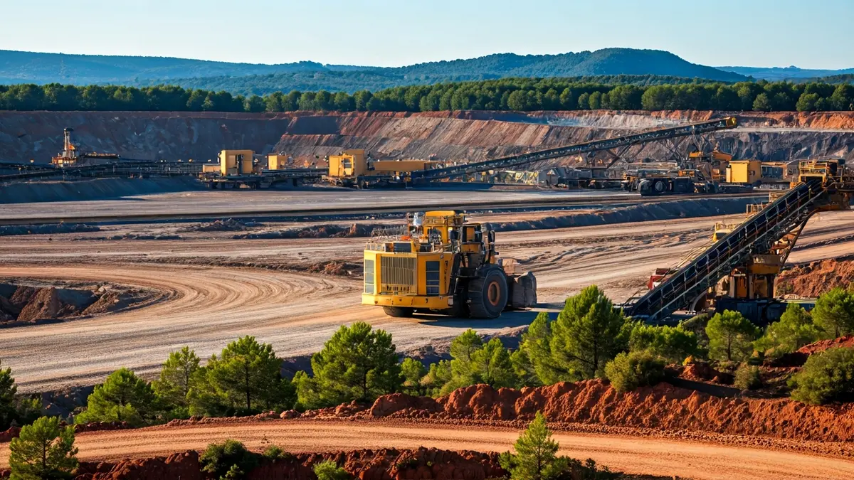 Imagen de una mina a cielo abierto con maquinaria pesada y estructuras industriales.