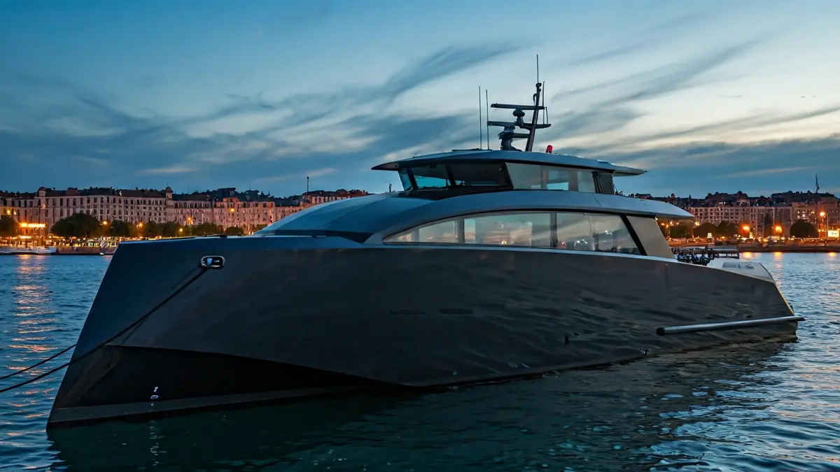 Modern electric vessel docked in a port with city lights in the background.