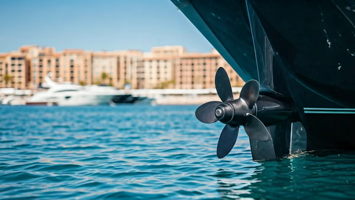 Generic image of an electric boat propeller in clear water with a marina in the background.
