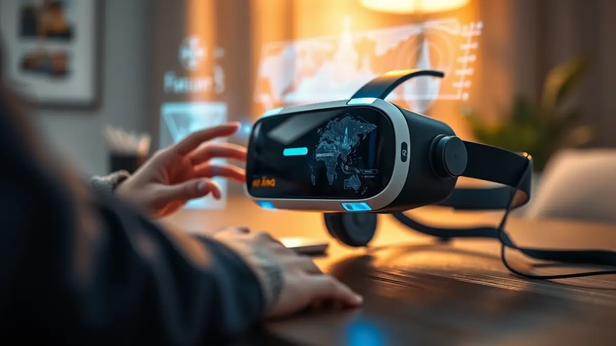 Generic image of a virtual reality headset on a desk, with hands interacting with a holographic interface.