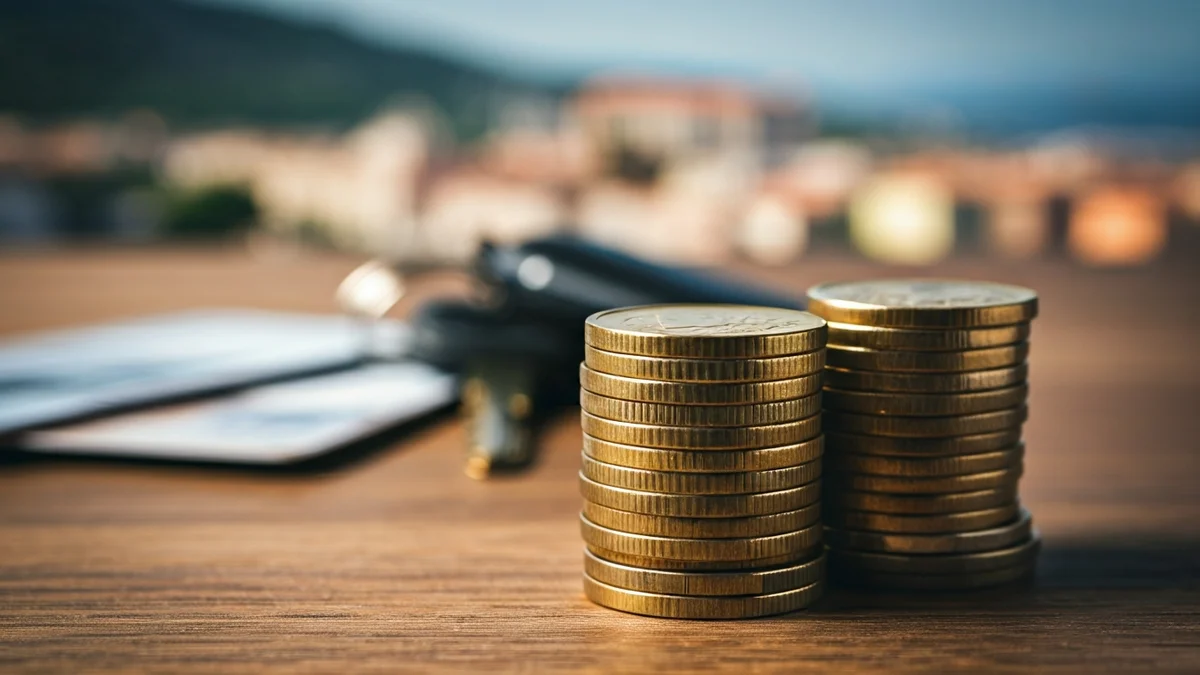 Imagen genérica de monedas de euro sobre una mesa, con tarjetas de hotel y un perfil urbano difuminado al fondo.