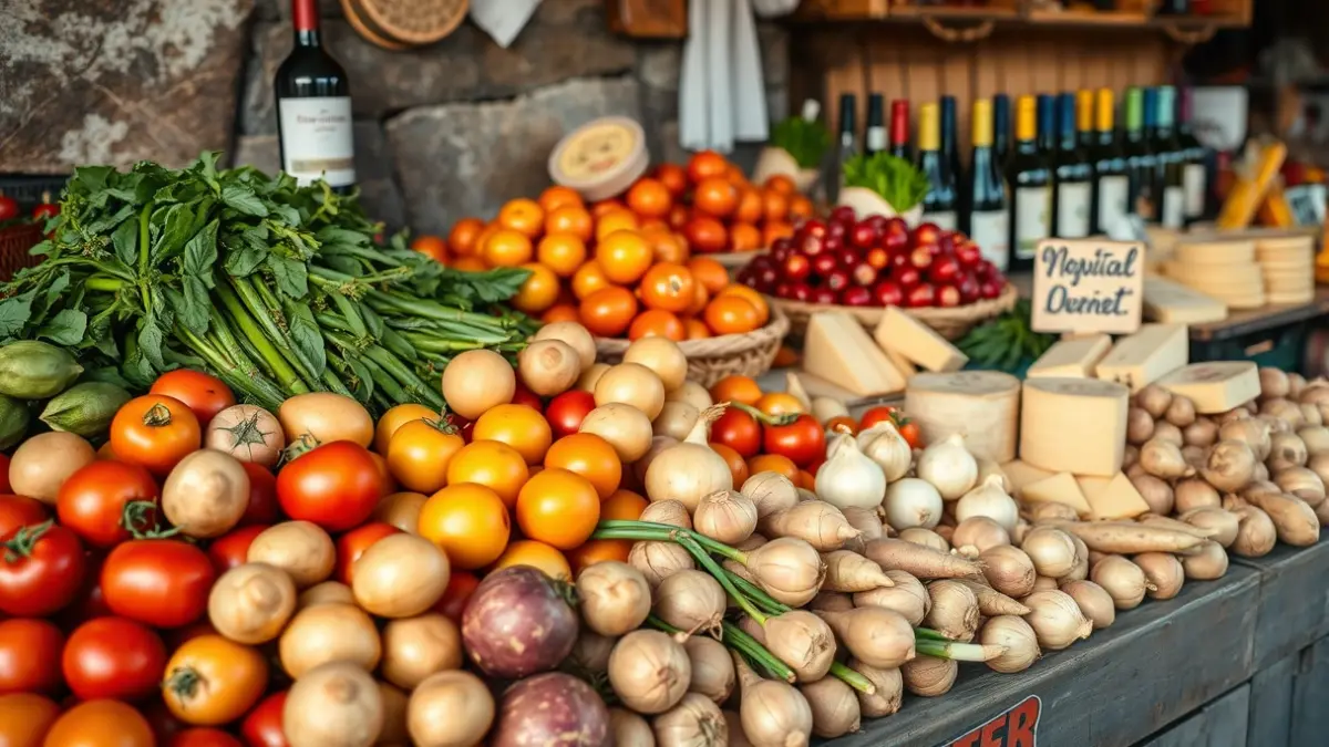 Local products from Fuerteventura, including cheeses, wines, and vegetables, displayed at a market.