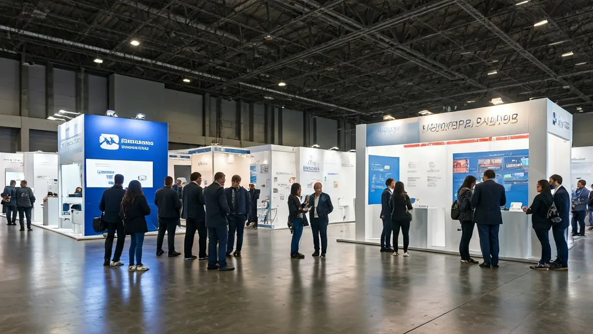 Image of a job fair with people interacting at various booths and advice areas.