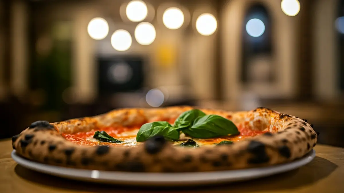 Generic image of a freshly made Neapolitan pizza, with a charred crust and fresh basil leaves.