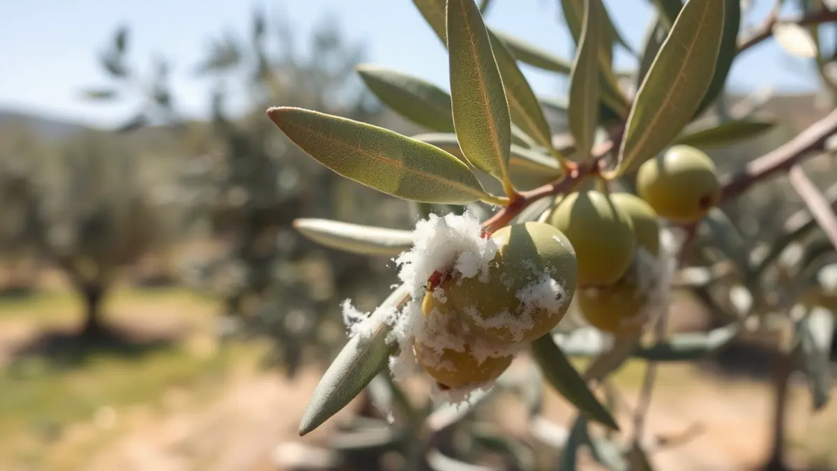 Imagen de hojas de olivo afectadas por la plaga del algodoncillo, con la sustancia blanca visible.