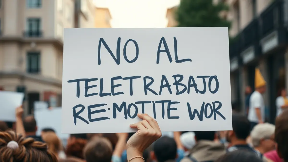 Imagen de una pancarta de protesta con el mensaje 'NO AL TELETRABAJO' en una manifestación.
