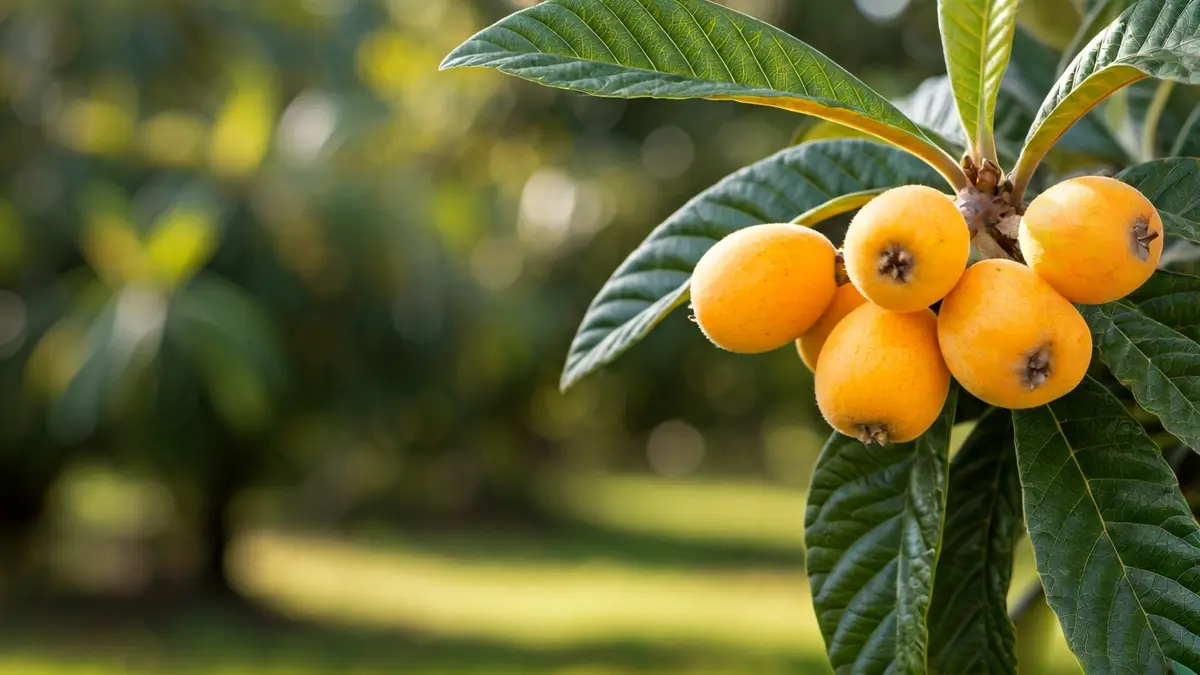 Image of ripe loquats on a branch, with green leaves and a blurred orchard background.
