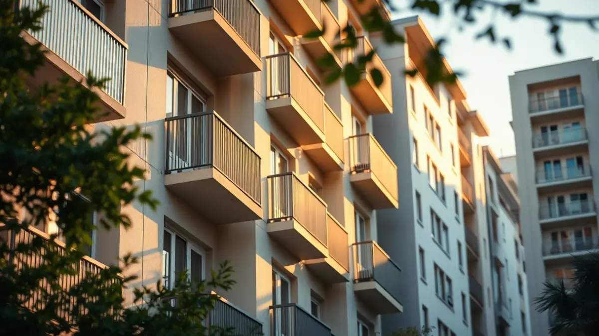 Imagen genérica de un edificio residencial moderno en una ciudad mediterránea, con balcones y luz solar cálida.