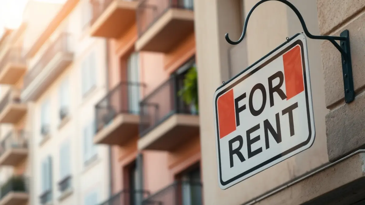 Generic image of a 'For Rent' sign on a building, with blurred apartment windows in the background.